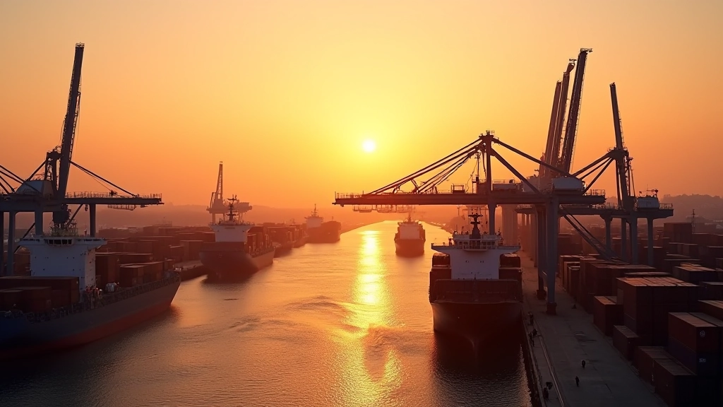 Port de Bordeaux avec navires et conteneurs lors du coucher de soleil, activité commerciale intense