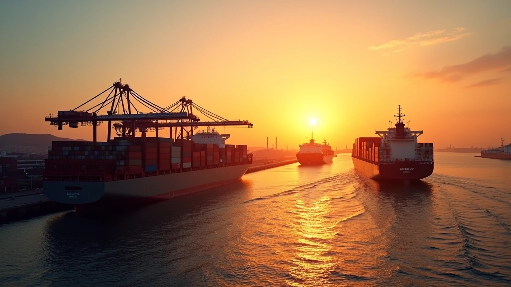 Port de Bordeaux avec activité commerciale intense, navires modernes et conteneurs, lumière dorée