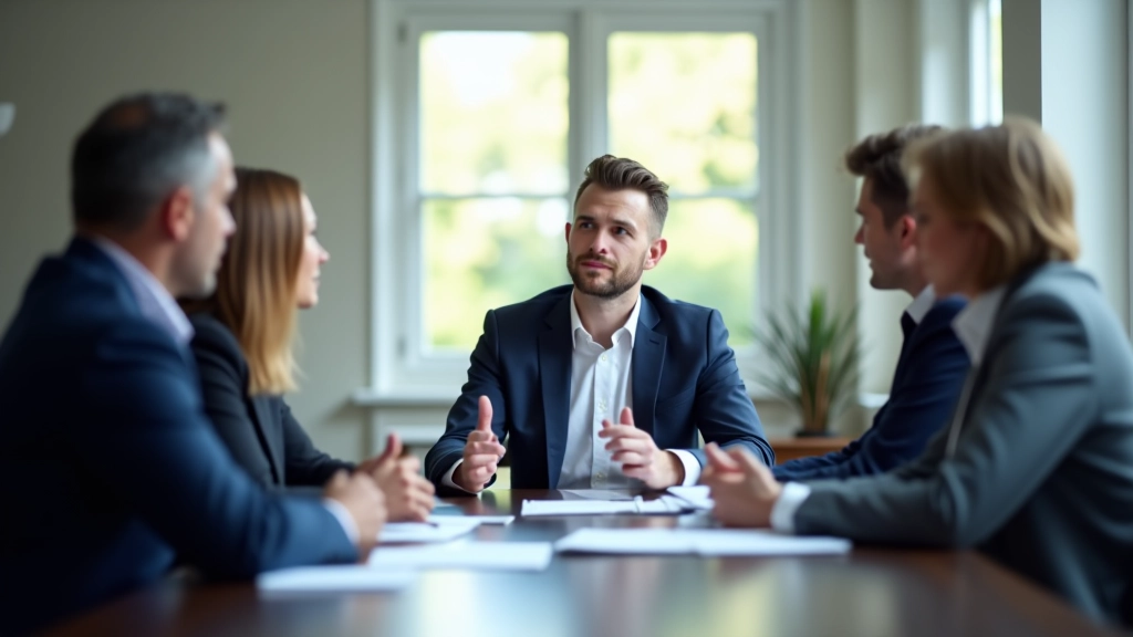 Réunion d'affaires professionnelle avec dirigeants d'entreprise discutant stratégie commerciale autour d'une table