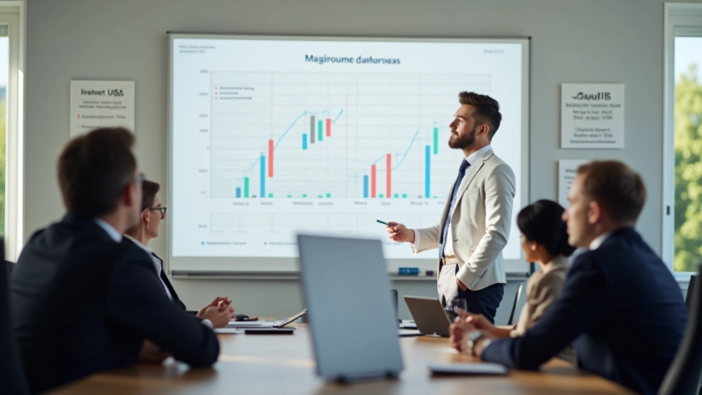 Réunion d'équipe discutant stratégie commerciale avec données économiques affichées