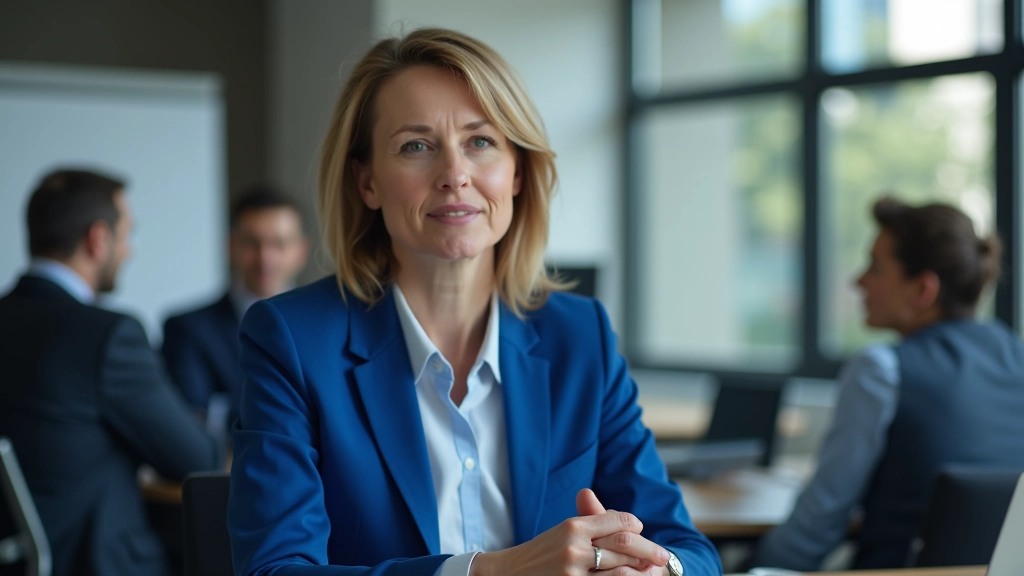 Femme d'affaires en costume bleu en réunion d'équipe, discussion professionnelle dans un bureau moderne