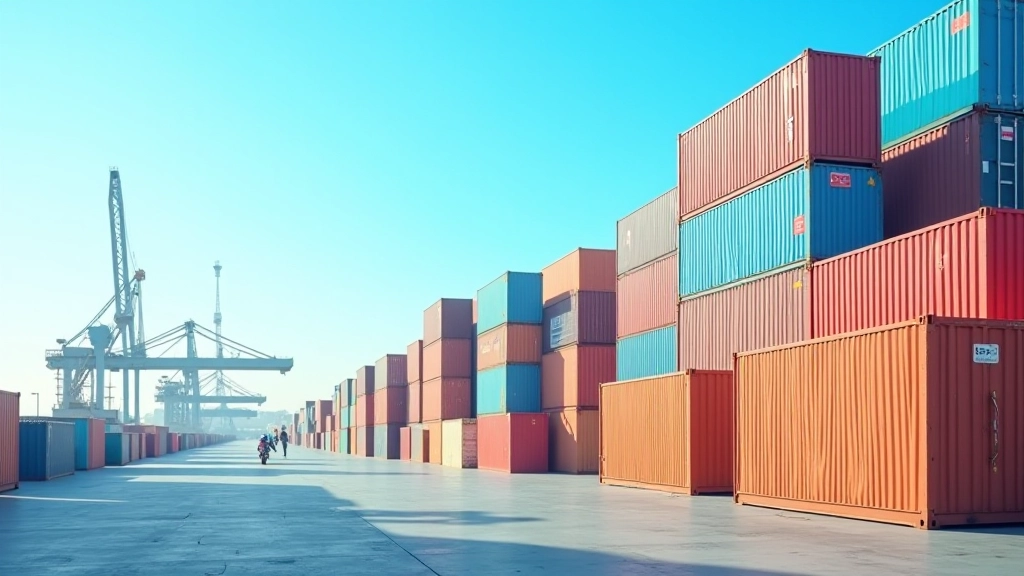 Conteneurs colorés empilés dans un port commercial moderne avec grue, infrastructure logistique