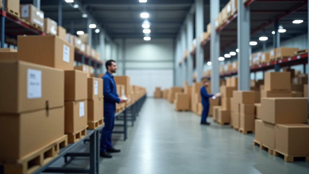 Entrepôt logistique moderne avec colis emballés, tapis roulants et travailleurs, représentant la chaîne d'approvisionnement
