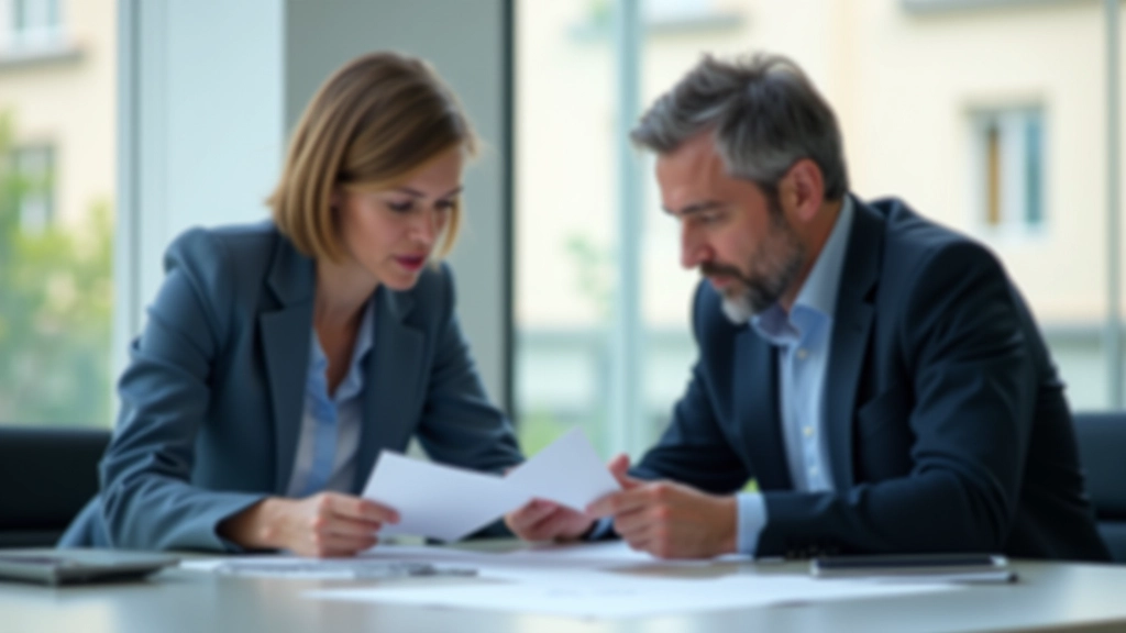 Deux collègues en costume travaillant à un bureau avec plans et documents, environnement professionnel lumineux