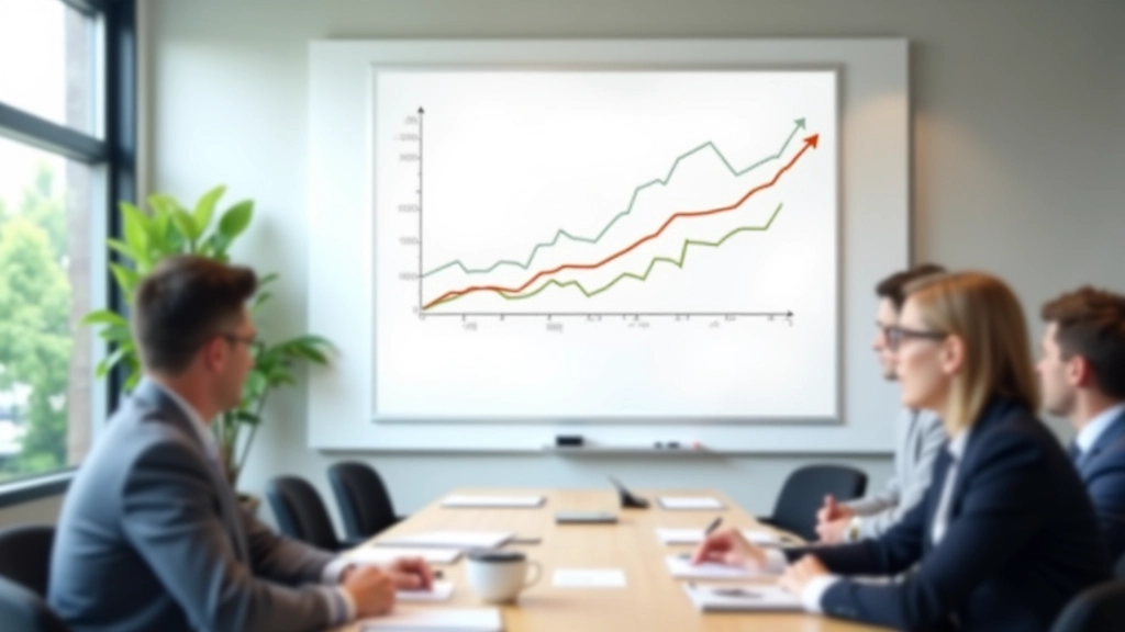 Graphique de croissance économique et indicateurs commerciaux affichés sur un tableau blanc en réunion d'équipe