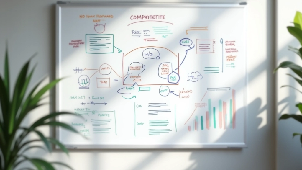 Tableau blanc avec stratégie commerciale esquissée, notes colorées et schémas d'analyse competitive